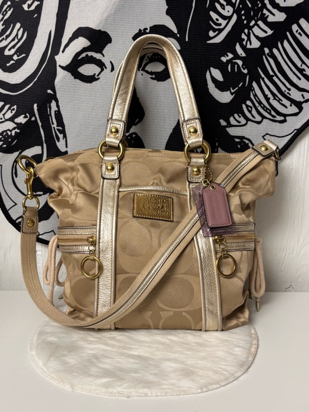 Coach Poppy Signature Sateen Spotlight Shoulder Bag in khaki and gold.